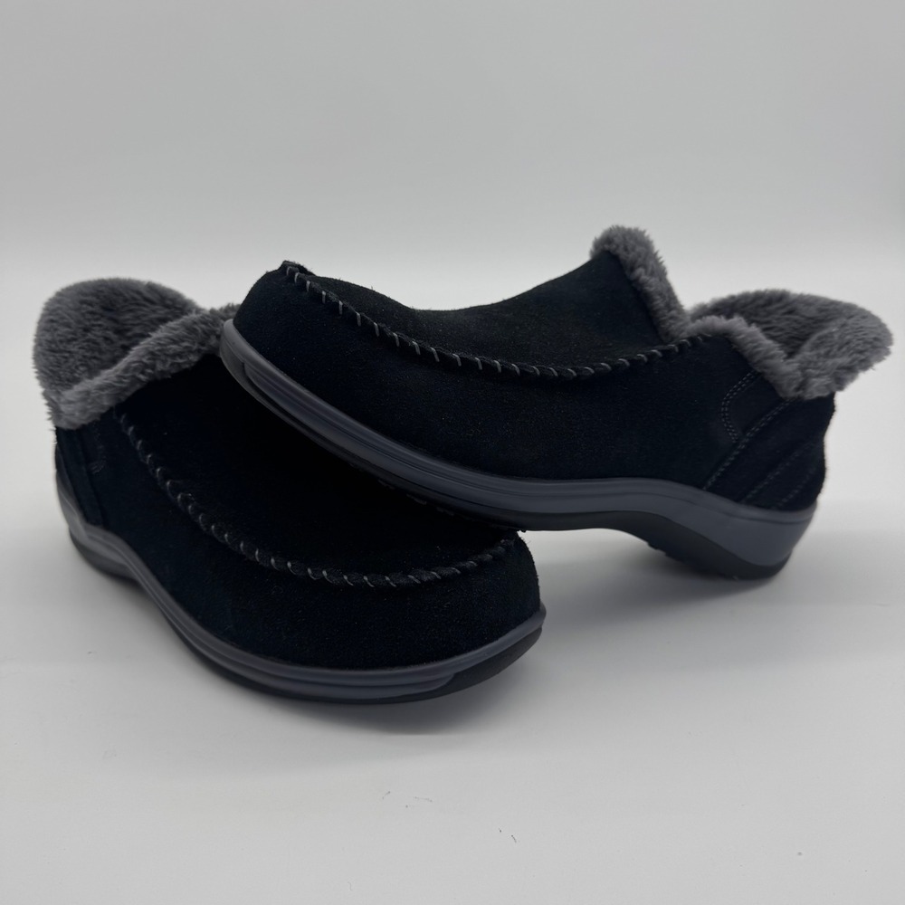 Orthofeet 80041 Womens 8.5 X-Wide 2E Black Leather Faux Fur Lined Loafers